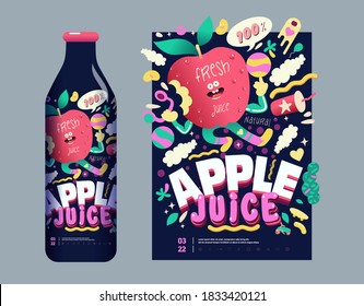 Apple juice poster and label bottle layout. Vector illustration. 