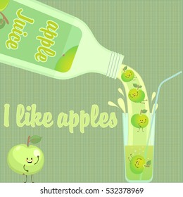 Apple juice pouring from bottle into glass. Fun apples in the glass. Vector illustration.