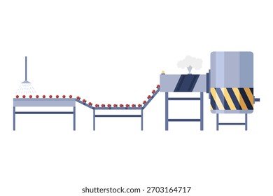 Apple juice production. Juice factory processing and packaging line. Food industry