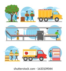 Apple juice production steps vector isolated. From fresh fruit to juice in the shop. Food production industry. Conveyor with apples.