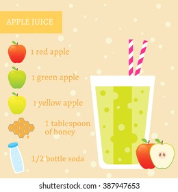 Apple juice recipe. Menu element for cafe or restaurant with energetic fresh drink made in flat style. For healthy life. Organic raw shake. Vector illustration