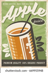 Apple juice retro poster design with glass of juice on green old paper texture. Healthy lifestyle concept.