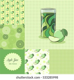 Apple juice set. Set of isolated glass of juice, apple fruit and different abstract and geometric and fruits seamless patterns and label. 