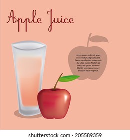 an apple juice, an apple and some text in a red background