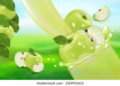 Apple juice and splash. Flow of liquid 3d realistic vector illustration sweet fruits, package design or poster, advertising.