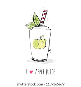 Apple juice takeaway watercolor vector illustration for fashion background, card and banner design. Sweet sketch of fresh cocktail.