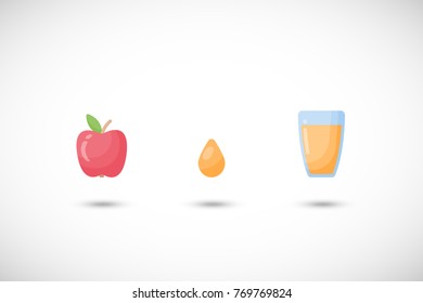 Apple juice vector flat icons set, small set of flat design of fruits, drinks, objects isolated on the white background, cute vector illustration with reflections