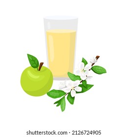 Apple juice vector illustration. Glass of apple beverage with green apple and white blooming branch. Vector flat illustration for package design, decor and healthy lifestyle