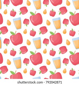Apple juice vector seamless pattern, Flat design of apple fruit and breakfast beverage or refreshment cocktail on the white backgorundbackground, cute vector illustration