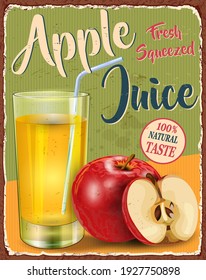 Apple juice vintage  metal sign.Retro poster 1950s style.