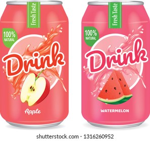 Apple juice and watermelon juice in aliminium can realistic Vector. Package design for advertising - Vector