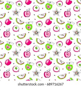 Apple juicy fruit. Vector illustration of seamless pattern.