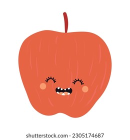 Apple with kawaii face cute cartoon character illustration. Hand drawn style flat design, isolated vector. Kids print element, healthy, seasonal food, farm, harvest, summer, autumn