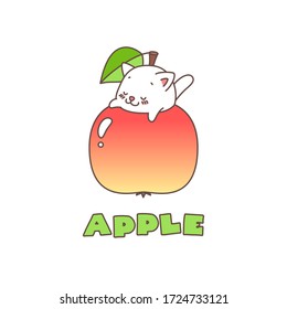 Apple. Kawaii illustration of a little white kitten sitting in an apple. Vector 8 EPS.