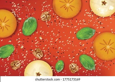 Apple and khaki fruit slices, walnut, spinach leaves, poppy and sesame seeds on red background. Healthy food composition. Vector realistic