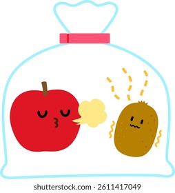 Apple and kiwi characters in one bag, ripening