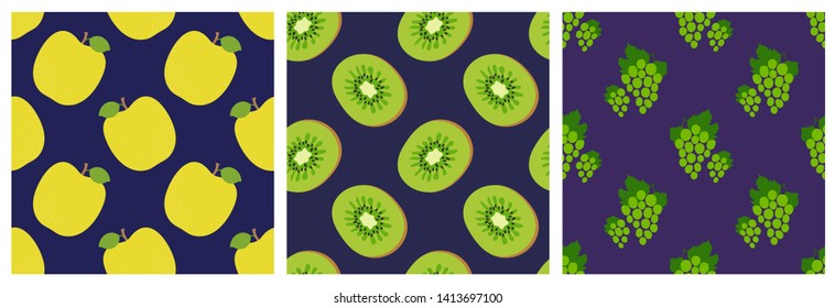 Apple, kiwi and grapes. Fruit seamless pattern set. Fashion design. Food print for clothes, linens or curtain. Hand drawn vector sketch background collection