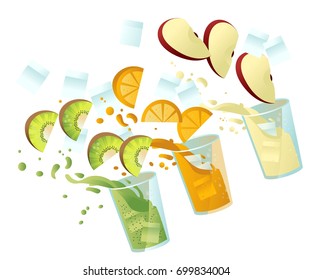 apple, kiwi and orange fruits slices and juice glasses