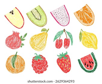 Apple, kiwi, papaya, orange, pomegranate, pear, cherry, lemon, raspberry, strawberry and watermelon fruit sketch. Hand drawn vector illustration ыуе. Pen or marker fruits