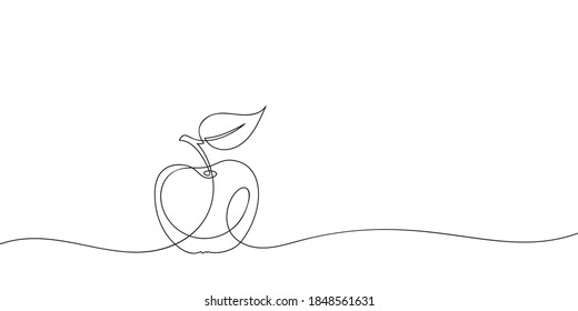 Apple with leaf continuous one line drawing, Black and white vector minimalist linear illustration made of single line