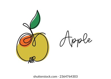 Apple with leaf continuous one line drawing.  Vector linear illustration made of single line. Minimalistic design for logo, card, menu design.