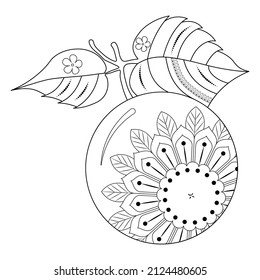An apple with a leaf, flower and ornament on a white background. Anti-stress coloring book for children and adults.