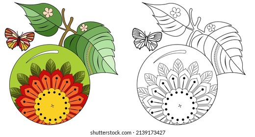 Una manzana con una hoja, una flor y un adorno en un fondo blanco. Libro de colorantes antiestrés para niños y adultos.