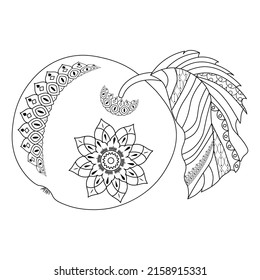 An apple with a leaf, flower and ornament on a white background. Anti-stress coloring book for children and adults.