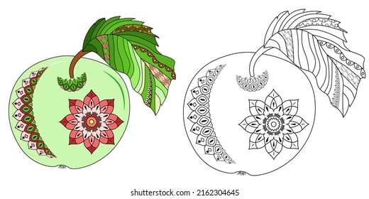 An apple with a leaf, flower and ornament on a white background. Anti-stress coloring book for children and adults.