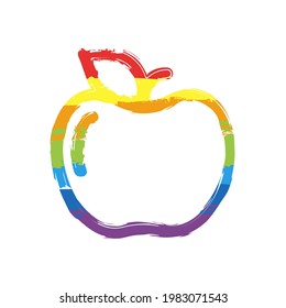 Apple with leaf, fresh fruit, simple icon. Drawing sign with LGBT style, seven colors of rainbow (red, orange, yellow, green, blue, indigo, violet