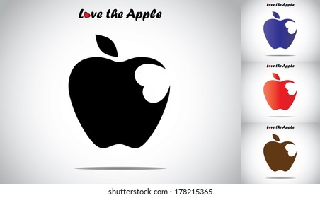 apple with a leaf with a heart or love shaped bite multiple colorful icon set - concept design vector illustration unusual art 