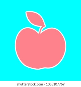 Apple with leaf icon. Vector. Magenta icon with white sticker contour at sky blue background. Isolated.