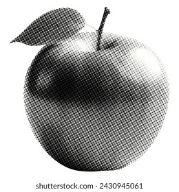 apple with leaf isolated on white background retro grunge black white halftone dotted texture vintage cutout magazine style trendy modern collage element for mixed media design y2k pop art style