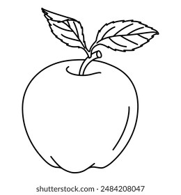 Apple with a leaf line art drawing coloring page. Ripe apple black and white vector illustration. Hand drawn doodle style.