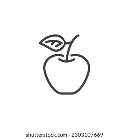 Apple con icono de línea de hoja. signo de estilo lineal para concepto móvil y diseño web. Icono vectorial del contorno de frutos de manzana. Símbolo, ilustración del logotipo. Gráficos vectoriales