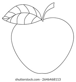 Apple with a leaf on a white background. Black outline. Vector illustration for children's coloring book, activity book, worksheet.