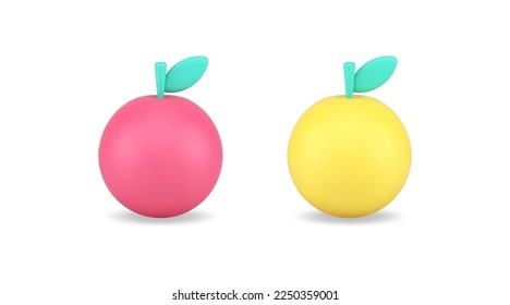 Apple con hoja de cosecha de color amarillo rojo verano jugo de fruta vitamínica nutritivo icono 3d conjunto ilustración vectorial realista. Vegetariano delicioso huerto fresco cosecha estacional producto orgánico maduro dulce