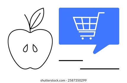 Apple with leaf and seeds beside blue speech bubble containing shopping cart symbol. Ideal for online grocery apps, e-commerce, digital shopping, healthy food promotion, retail marketing, consumer