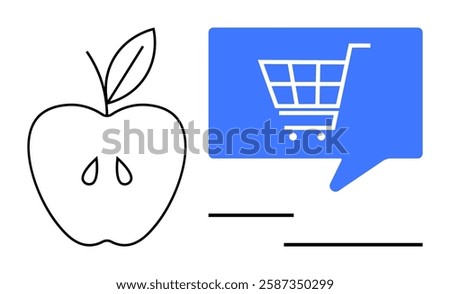 Apple with leaf and seeds beside blue speech bubble containing shopping cart symbol. Ideal for online grocery apps, e-commerce, digital shopping, healthy food promotion, retail marketing, consumer