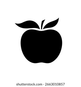 Una manzana con una hoja, una silueta negra simple aislada sobre un fondo blanco, Ilustración vectorial gráfica, diseño plano. Deliciosa fruta fresca, icono, logotipo para la decoración, diseño, cubierta, etiqueta