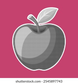 Manzana con hoja. Estilo semitono de moda. Vector de fruta fresca retro textura punteada semitono blanco y negro. Estilo del arte pop de la revista del recorte de Antiguas, Ilustración vectorial moderna del elemento del collage