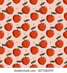 Apple with leaf vector seamless pattern on pink background	