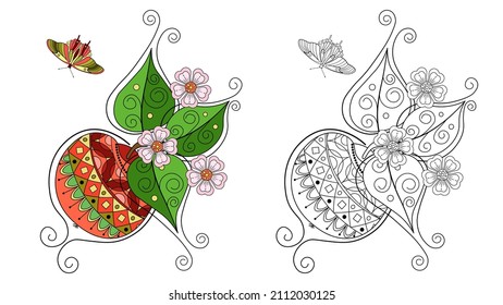 Apple and leaves with a doodle pattern on a white background. Anti-stress coloring book for children and adults. Decorative element for design