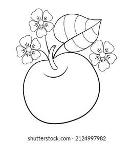 An apple with leaves and flowers on a white background. Black contour drawing. Educational coloring book for children. Decorative element for design