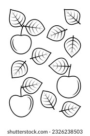 Apple leaves and apple fruits vector line icons. Nature and ecology. Apple, leaf, plant, vector, icons, drawing. Isolated icon of leaves and fruits apple for websites on white background.