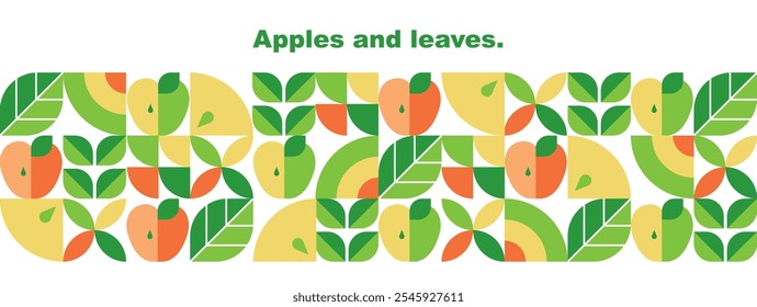 Apple. Leaves and fruits.Abstract geometric design.Set of icons in simple flat style.Elements isolated on a white background.Seamless pattern and border.Organic food.Vector illustration.