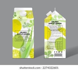 Apple, Lemon and Celery juice. Detox, healthy mix. Template packaging design. Transparent fruits and herb.