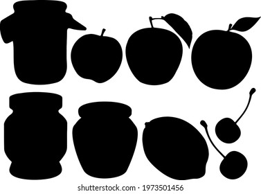 Apple, lemon and cherry jam. The set includes fruits and preservation jars.