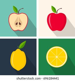 Apple and lemon. Colorful flat design. Fruits with long shadow. Vector icons set