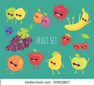 Apple, lemon, lime, pear, plum, apricot, blueberry, strawberry, pomegranate, grape, cherry, banana, orange, lime. Fruit set. Cartoon. Friends forever. Comic characters.